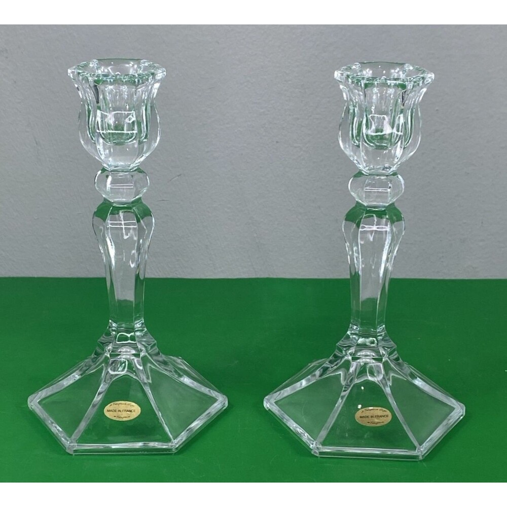 Pair Vintage Made in France Teleflora Crystal Candlestick Holders Label 7.5"